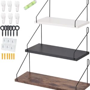 ウォールシェルフ 壁を傷つけない 30+35+42cm3点セット 壁掛け棚 賃貸 壁 棚 穴あけない ウォールラックdiy飾り棚 木製 簡単取り付け リビング/洗面所/キッチン/トイレ/玄関 収納ラック (ブラック+ホワイト+ブラウン)
