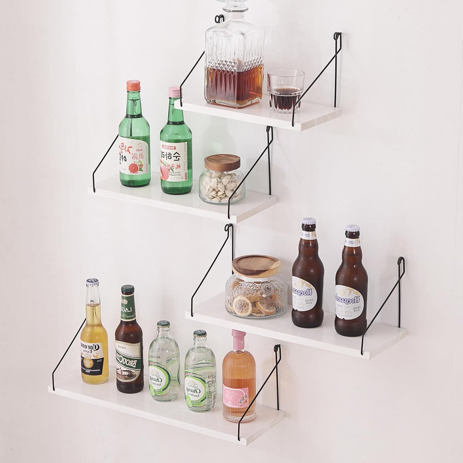 ウォールシェルフ 壁を傷つけない 29+36+42+50cm4点セット 棚 白 壁掛け棚 賃貸 壁 棚 穴あけない ウォールラック 壁に付けられる家具 飾り棚木製 簡単取り付け リビング/洗面所/キッチン/トイレ/玄関 壁面収納 (ホワイト)