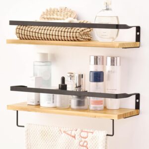 ウォールシェルフ 天然木製 42cm 2点セット 壁 棚 落下防止のガード タオル掛け付き 壁に付けられる家具 洗濯機/キッチン/トイレ/寝室/バスルーム/玄関トイレ/洗面所 収納棚 (ブラウン)