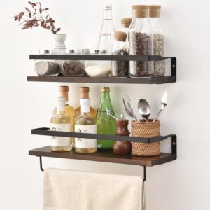 ウォールシェルフ 天然木製 42cm 2点セット 壁 棚 落下防止のガード タオル掛け付き 壁に付けられる家具 洗濯機/キッチン/トイレ/寝室/バスルーム/玄関トイレ/洗面所 収納棚 (ブラウン) (复制)