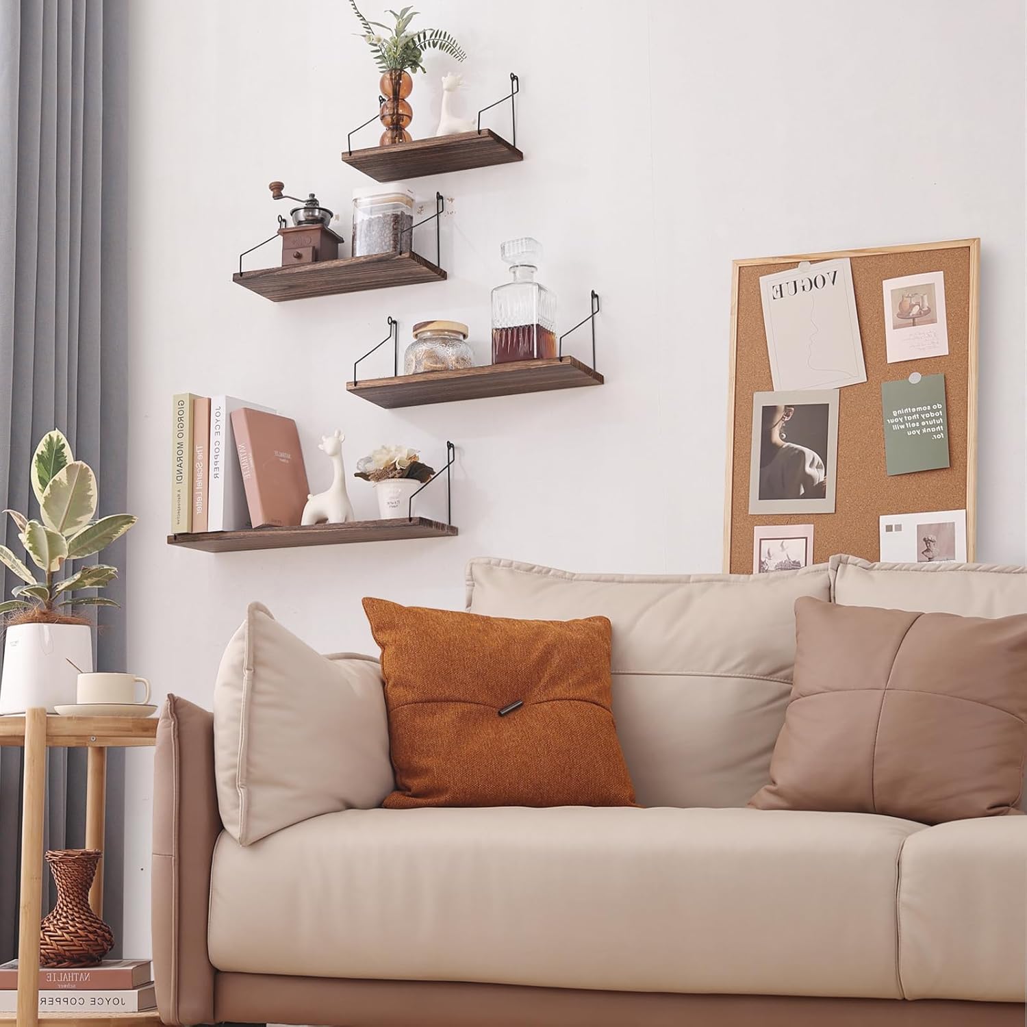 ウォールシェルフ 壁を傷つけない 29+36+42+50cm4点セット 壁掛け棚 賃貸 壁 棚 穴あけない ウォールラック 壁に付けられる家具 飾り棚木製 簡単取り付け 洗面所/キッチン/トイレ/玄関 壁棚収納 (ダークブラウン) - Image 2