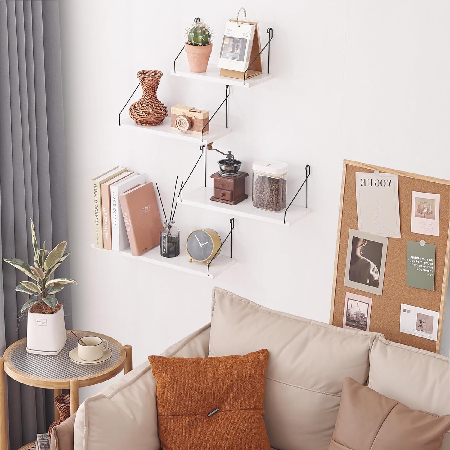 ウォールシェルフ 壁を傷つけない 29+36+42+50cm4点セット 棚 白 壁掛け棚 賃貸 壁 棚 穴あけない ウォールラック 壁に付けられる家具 飾り棚木製 簡単取り付け リビング/洗面所/キッチン/トイレ/玄関 壁面収納 (ホワイト) - Image 2