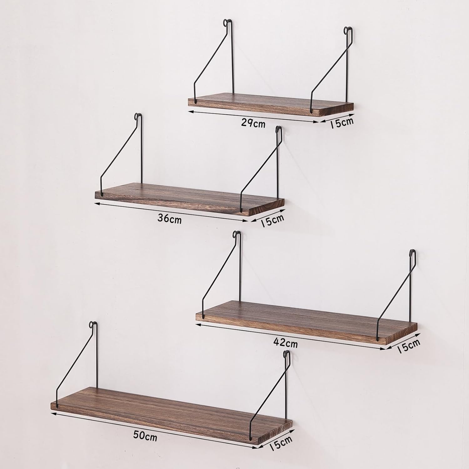 ウォールシェルフ 壁を傷つけない 29+36+42+50cm4点セット 壁掛け棚 賃貸 壁 棚 穴あけない ウォールラック 壁に付けられる家具 飾り棚木製 簡単取り付け 洗面所/キッチン/トイレ/玄関 壁棚収納 (ダークブラウン) - Image 3