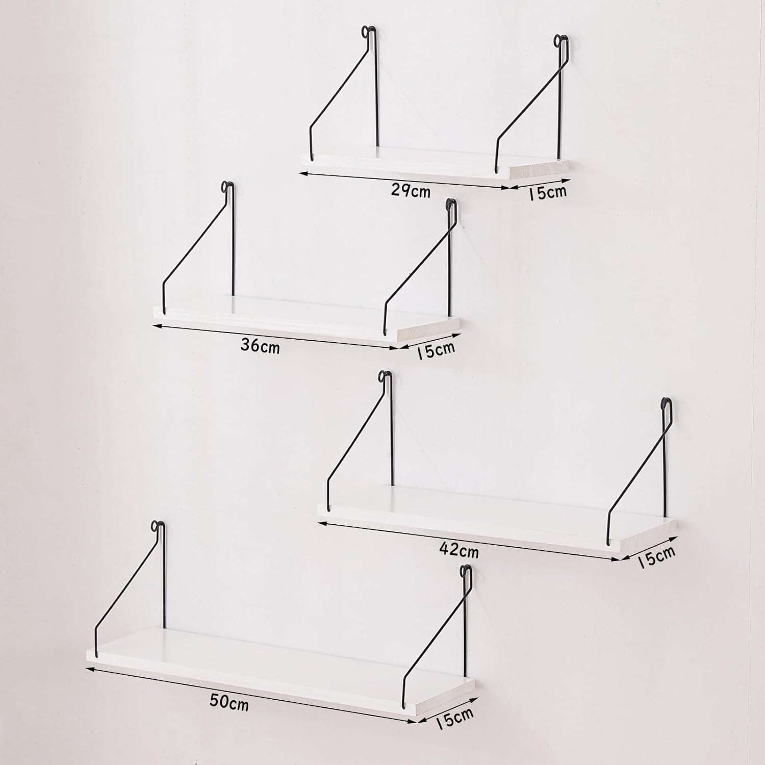ウォールシェルフ 壁を傷つけない 29+36+42+50cm4点セット 棚 白 壁掛け棚 賃貸 壁 棚 穴あけない ウォールラック 壁に付けられる家具 飾り棚木製 簡単取り付け リビング/洗面所/キッチン/トイレ/玄関 壁面収納 (ホワイト) - Image 4