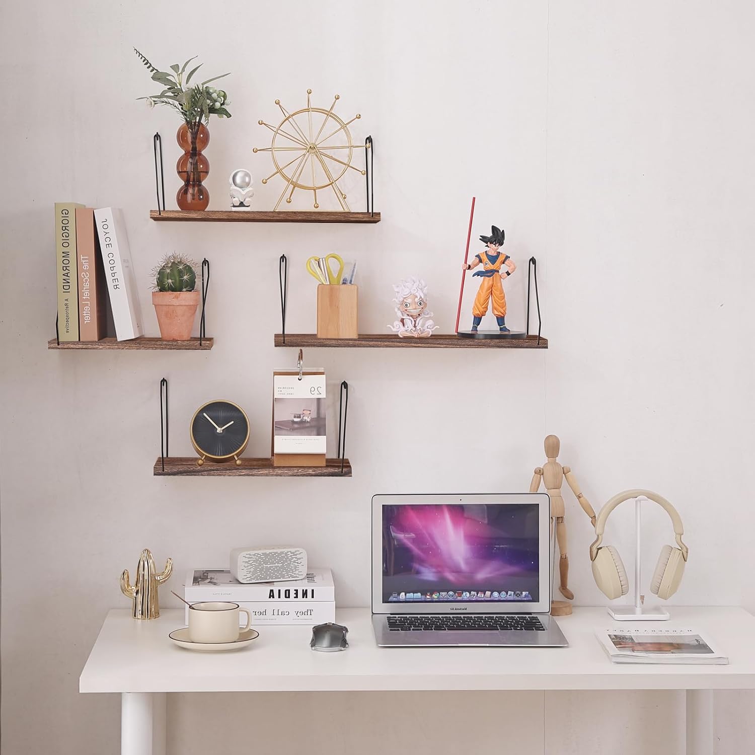 ウォールシェルフ 壁を傷つけない 29+36+42+50cm4点セット 壁掛け棚 賃貸 壁 棚 穴あけない ウォールラック 壁に付けられる家具 飾り棚木製 簡単取り付け 洗面所/キッチン/トイレ/玄関 壁棚収納 (ダークブラウン) - Image 9